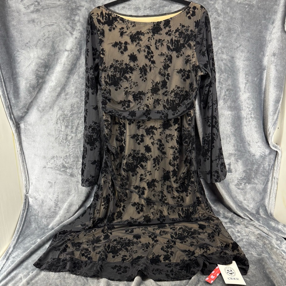 NWT Cider Maxi Floral Lace Black Ruched Long Sleeve Boat Neck Dress Size Large